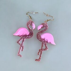 Cute Laser Cut Acrylic Pink Glitter Flamingo Earrings